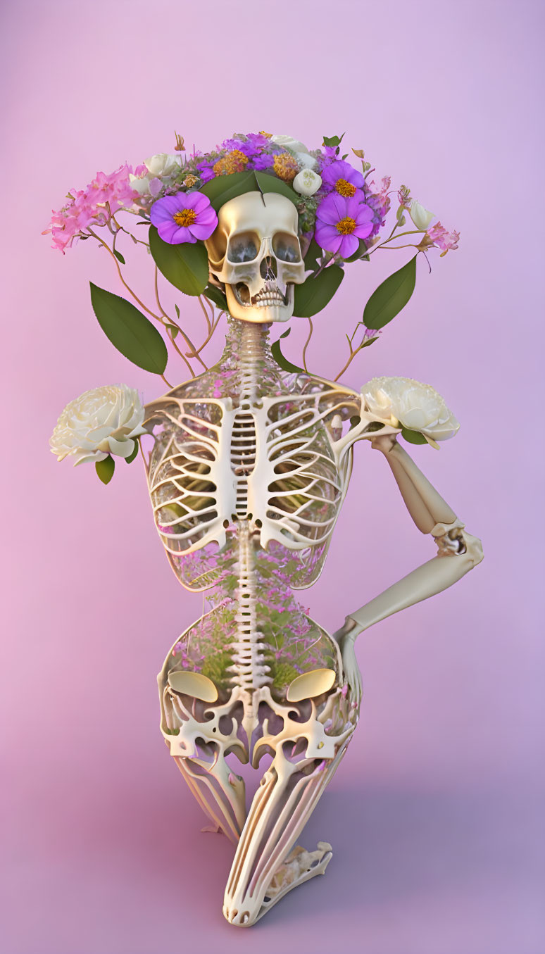 Skeleton with Flower Crown in Purple Background