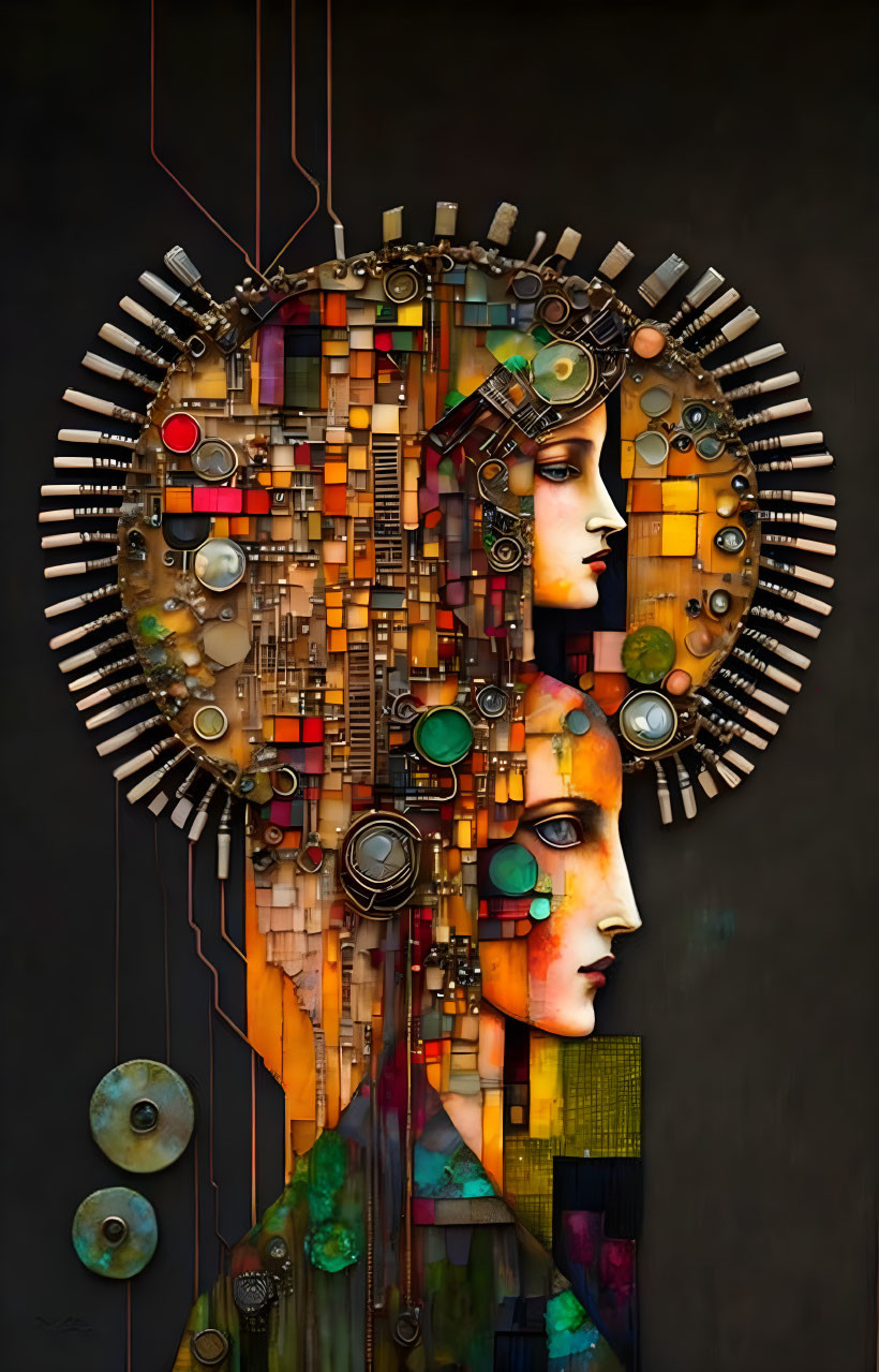 Digital artwork: Intricate profiles with mechanical and architectural elements on dark background