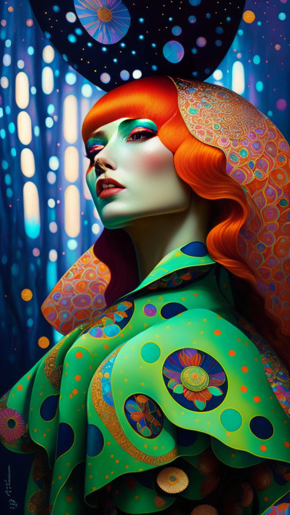 Vibrant digital portrait of a woman with red hair and psychedelic patterns