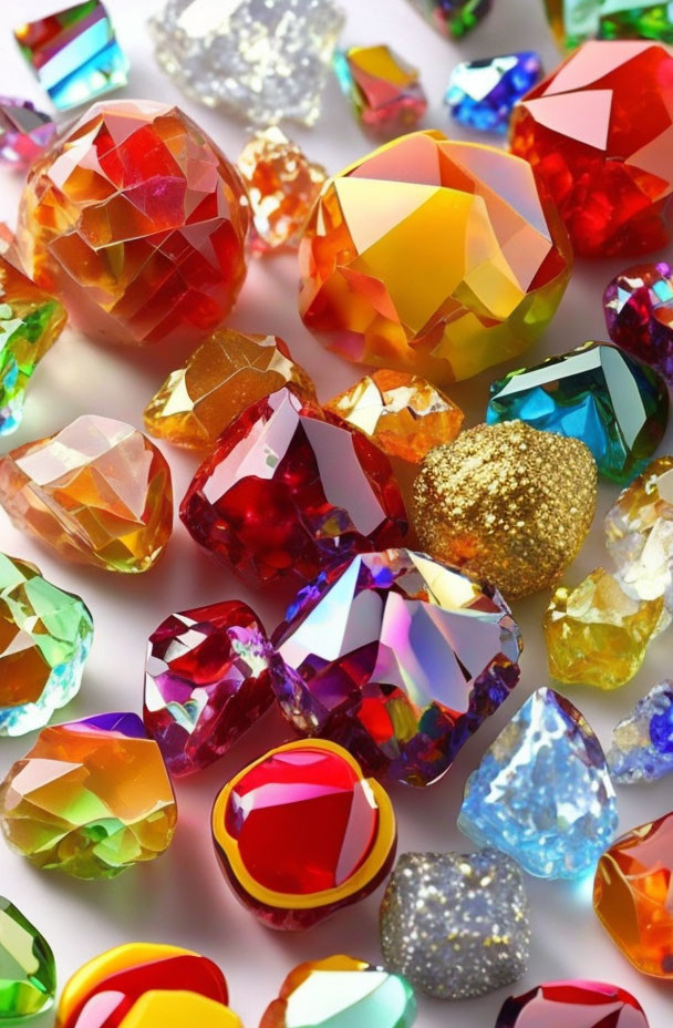 Various Colorful Gemstones with Diverse Cuts on White Surface