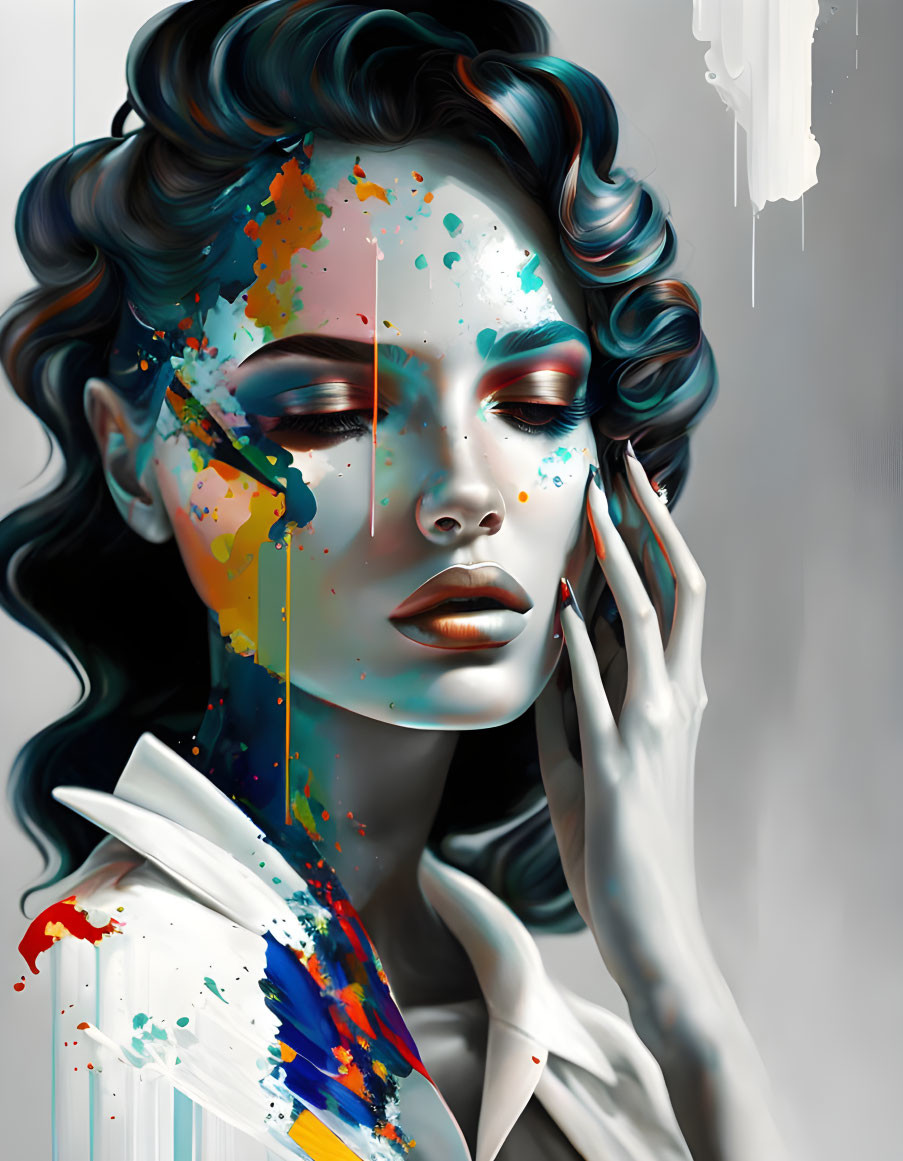 Colorful digital artwork: Woman with vibrant paint splashes