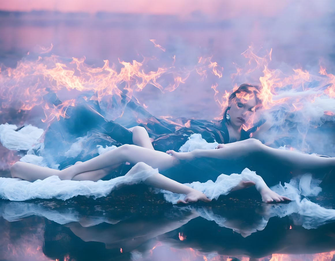 Person lying on reflective surface with blue smoke and vibrant flames