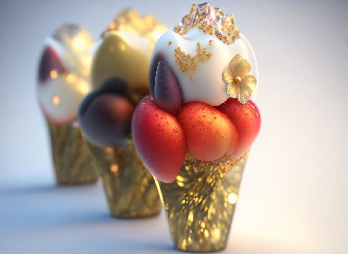 Luxurious Cupcakes with Golden Wrappers and Decorative Elements