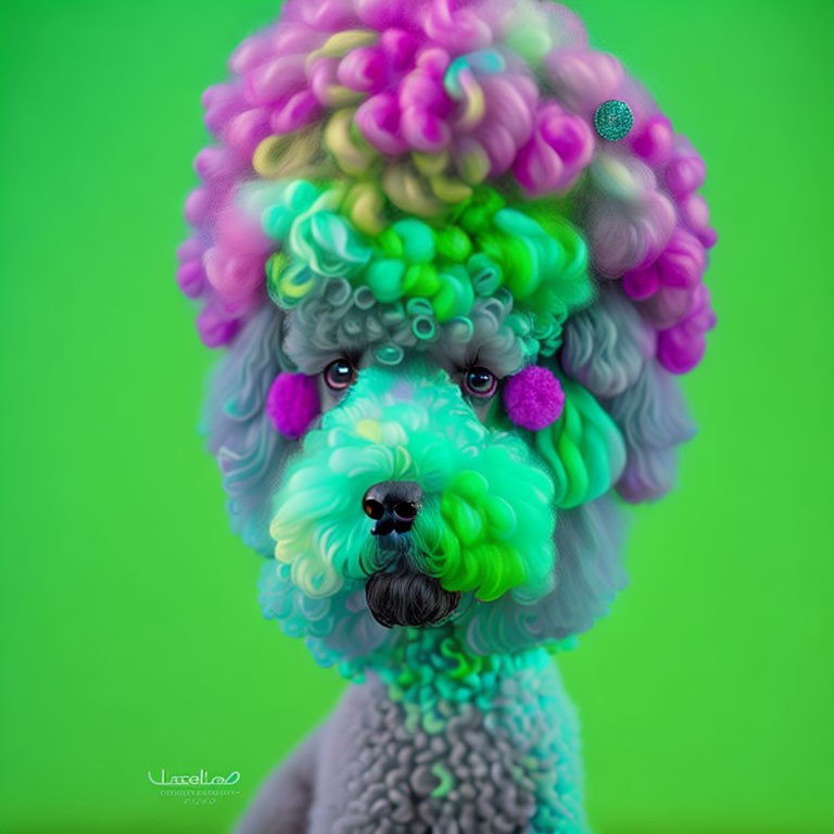 Vibrant poodle with colorful curly coat on green background