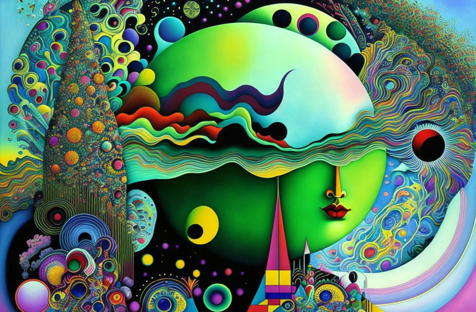 Colorful Psychedelic Artwork with Abstract Face and Cosmic Motifs