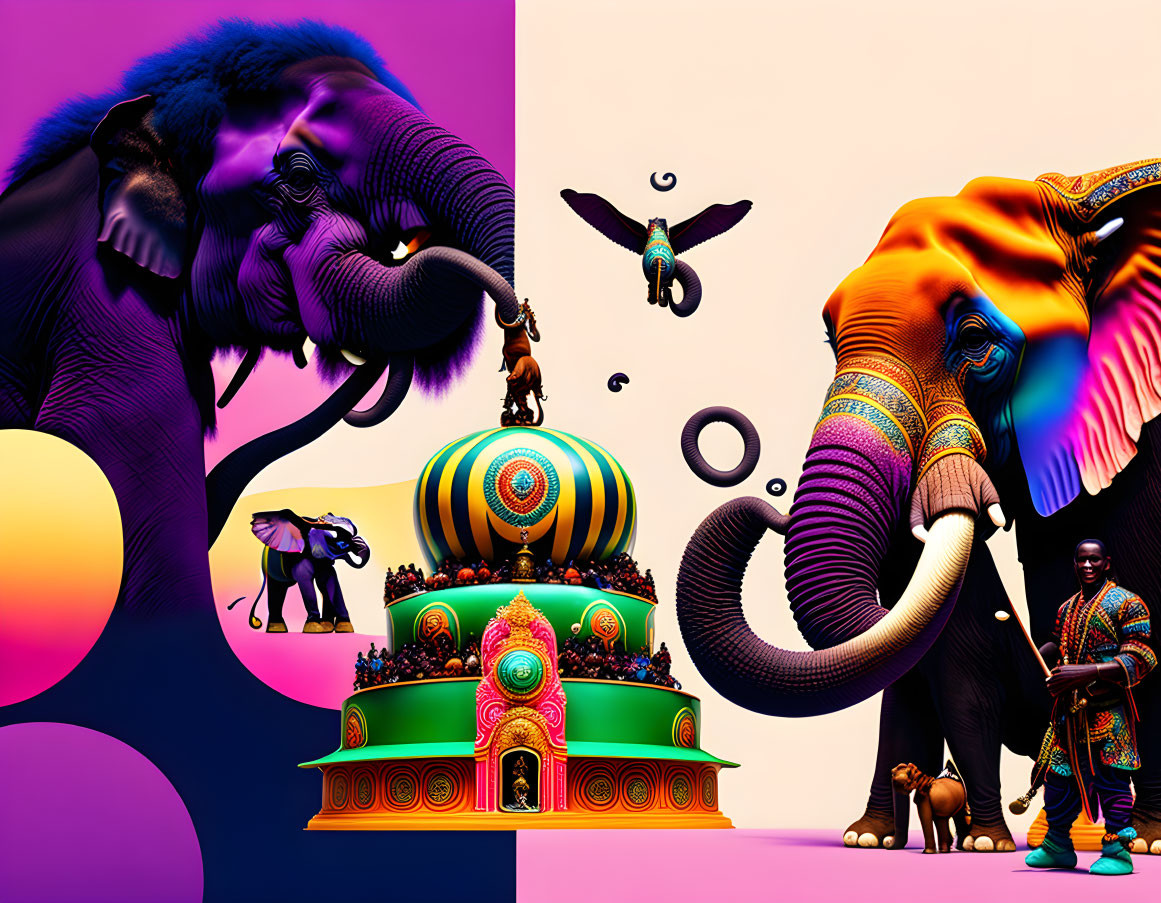 Colorful elephants and surreal figures on whimsical structure