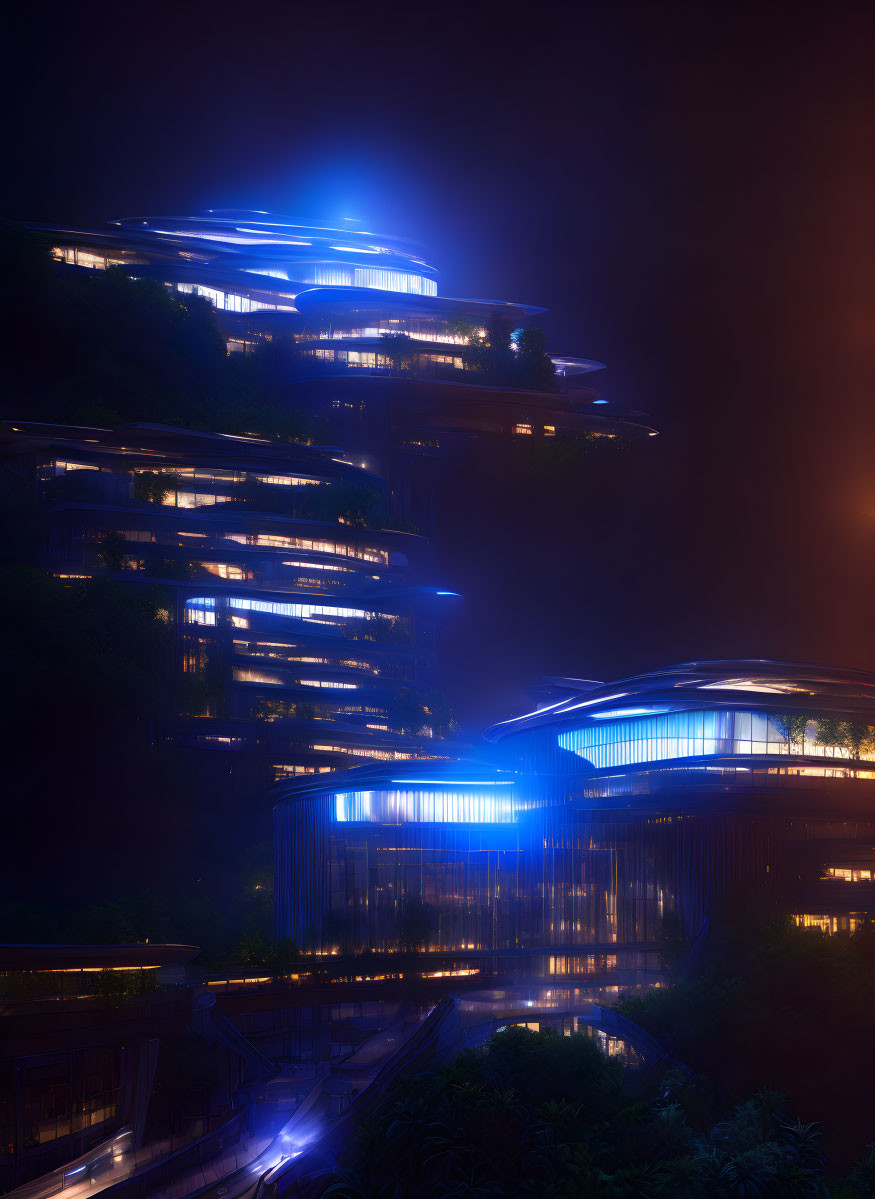 Futuristic multi-level buildings with glowing blue lights in misty night setting.