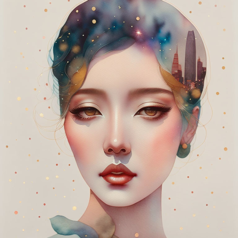 Woman's face illustration with cosmic hair and city silhouette in soft colors.