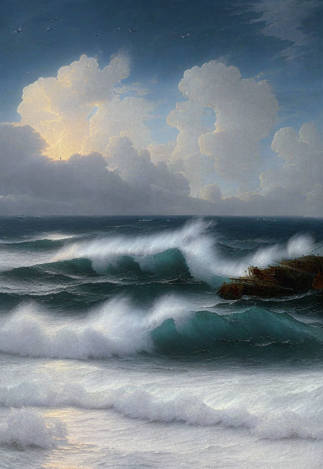 Stormy Sea Painting with Dark Waves and Sunlit Sky