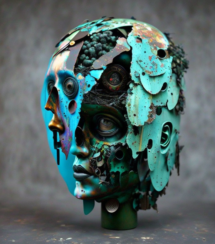 Surreal humanoid head sculpture with disjointed features in teal and black