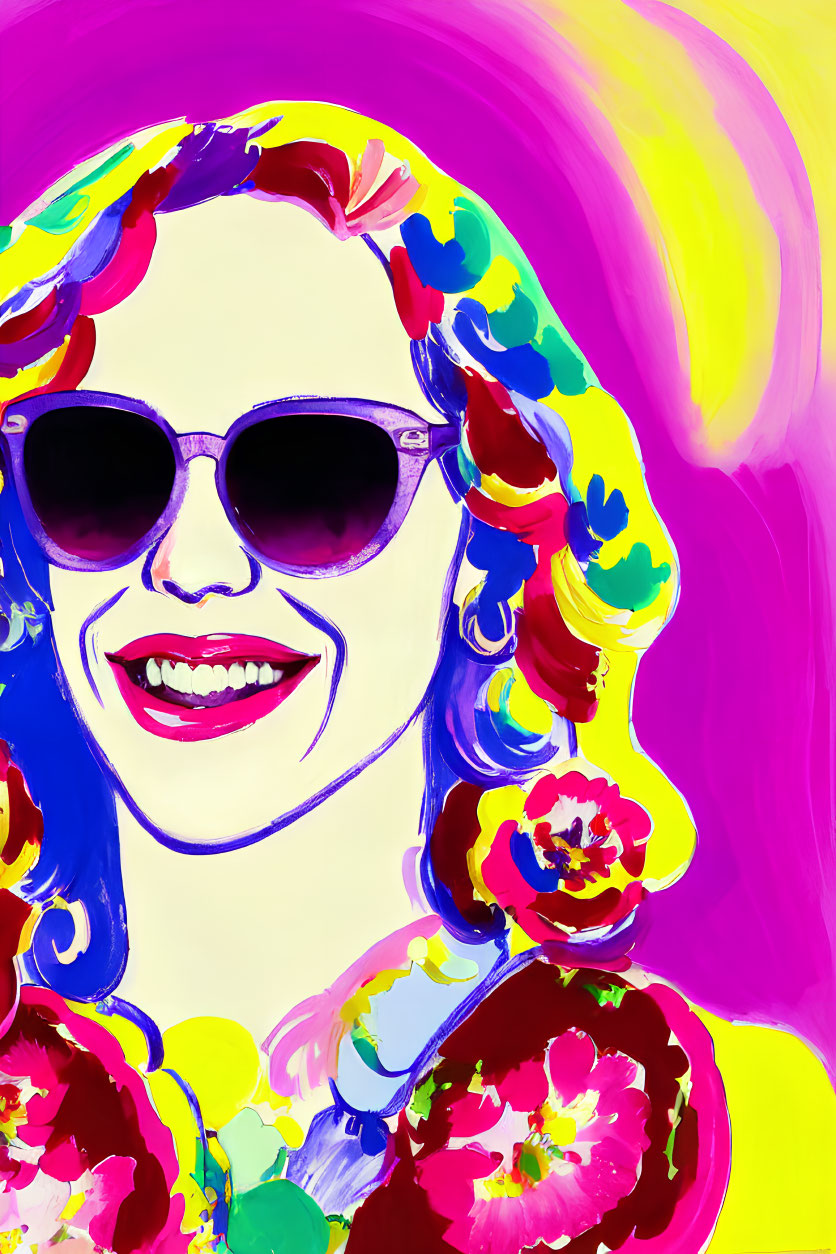 Vibrant pop art portrait of a smiling woman with sunglasses