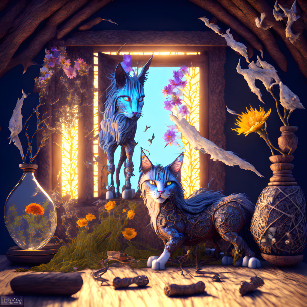 Mystical blue feline creatures in cozy floral room