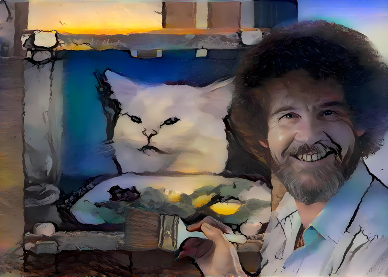 bob ross paints smudge the cat, trees