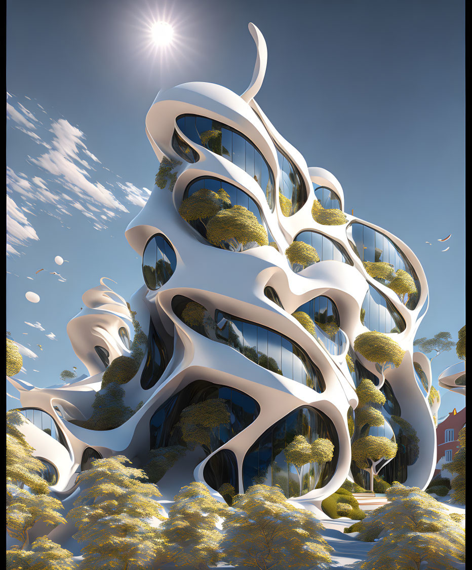 Futuristic building with organic shapes and greenery under bright sun