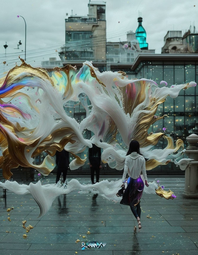 Vibrant liquid colors suspended in mid-air with cityscape backdrop