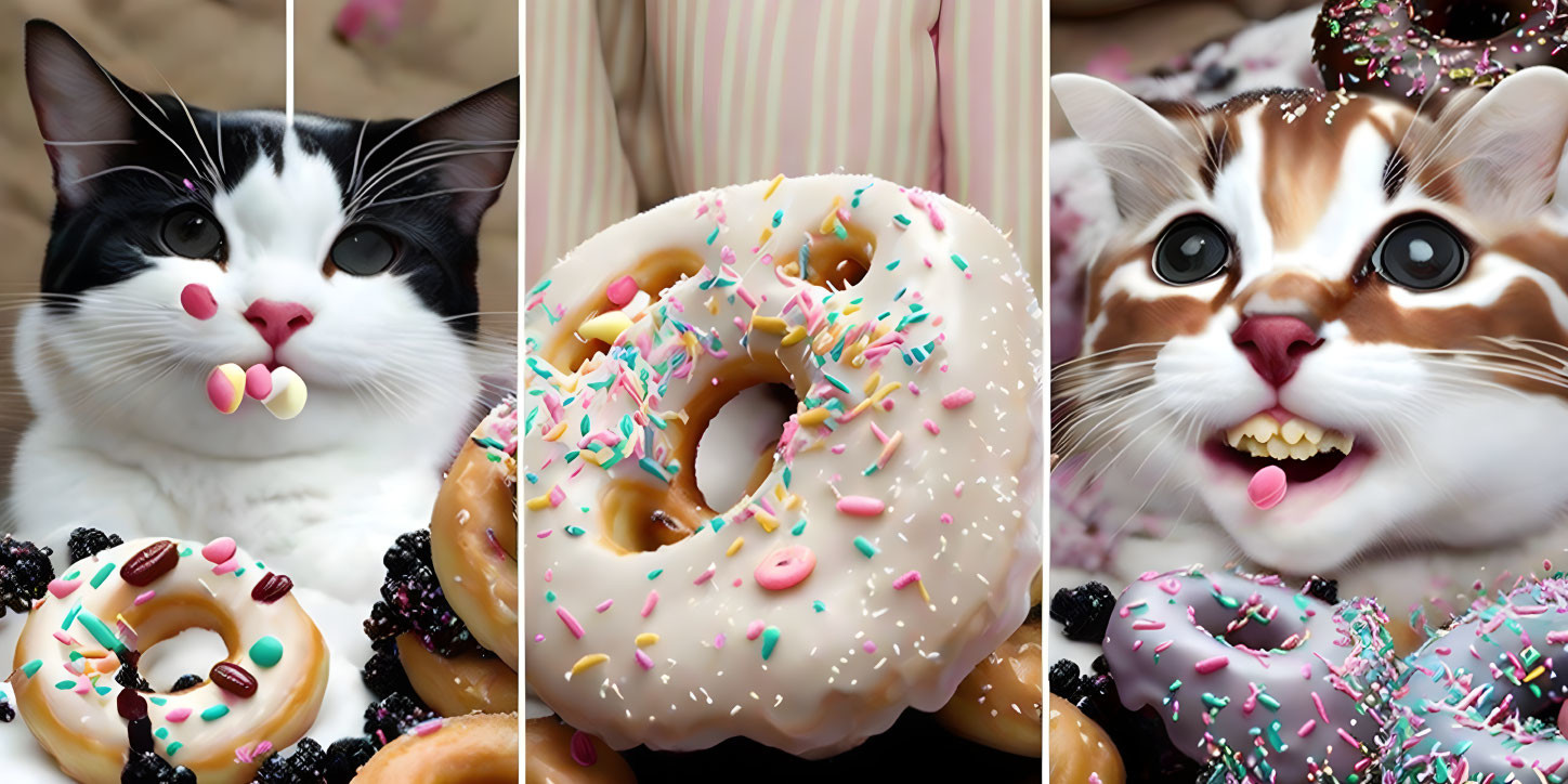 Triptych image of black and white cats with sprinkle donuts