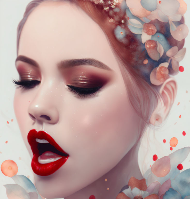 Portrait of a Woman with Red Lips and Floral Hair Adornments