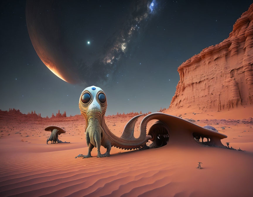 Surreal desert landscape with whimsical creatures under a cosmic sky