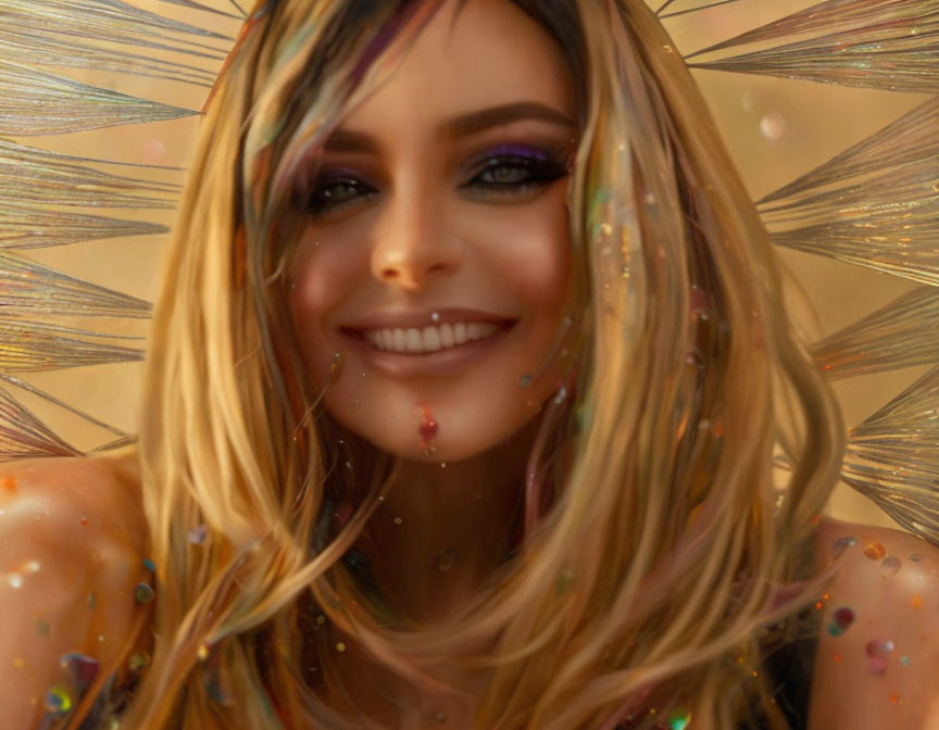 Blonde woman with glitter makeup on golden starburst background