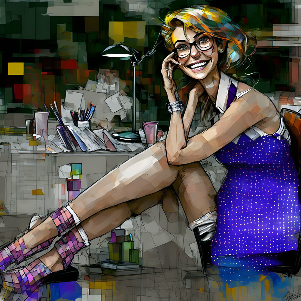 Cheerful woman with glasses in stylized digital artwork