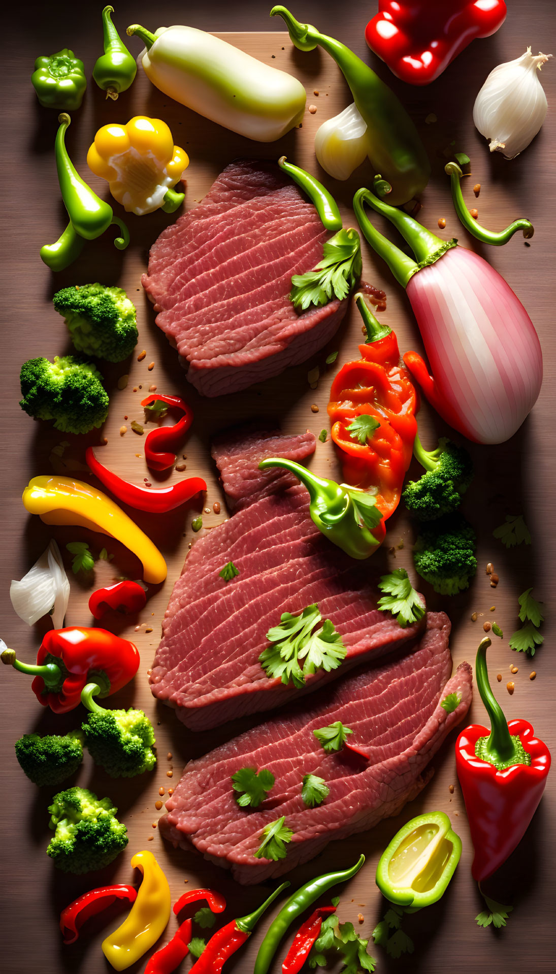 Assorted Raw Steak Cuts with Colorful Vegetables on Wooden Surface