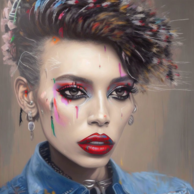 Stylized portrait of woman with vibrant makeup and punk hairstyle