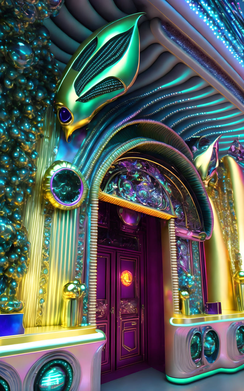 Colorful Psychedelic Interior with Neon Lights and Alien-Inspired Design