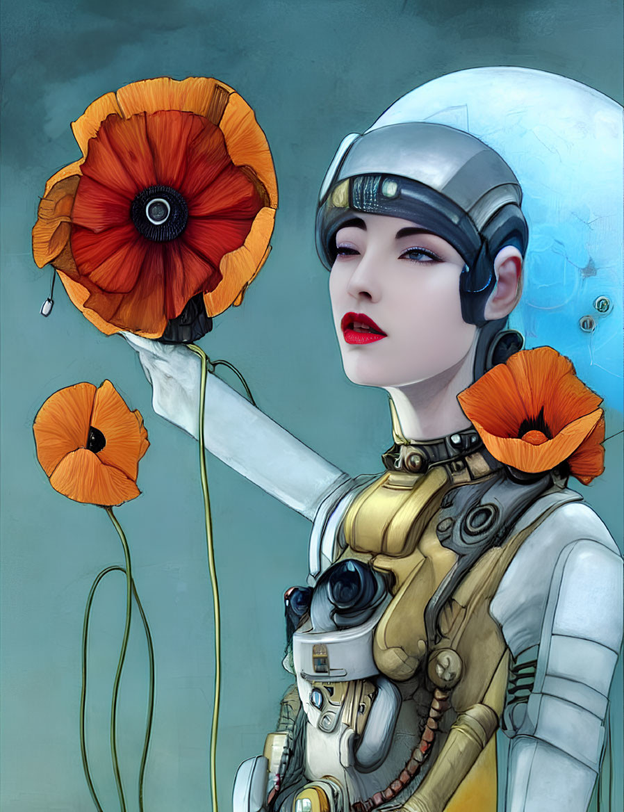 Futuristic female android in white helmet with red poppy on blue backdrop