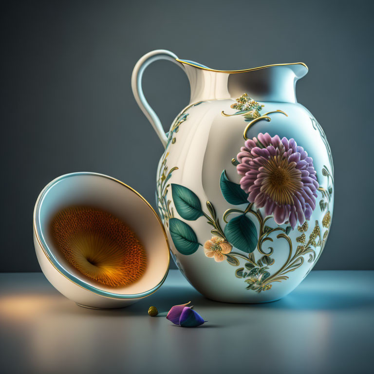 Porcelain pitcher with floral design next to shiny bowl and colorful geometric shapes