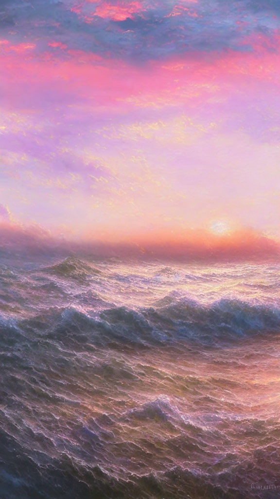 Pastel-colored sunrise/sunset over tranquil sea with gentle waves