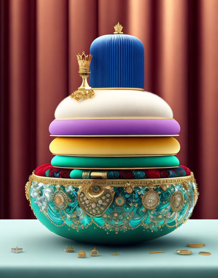 Colorful cushion stack with crown on golden base