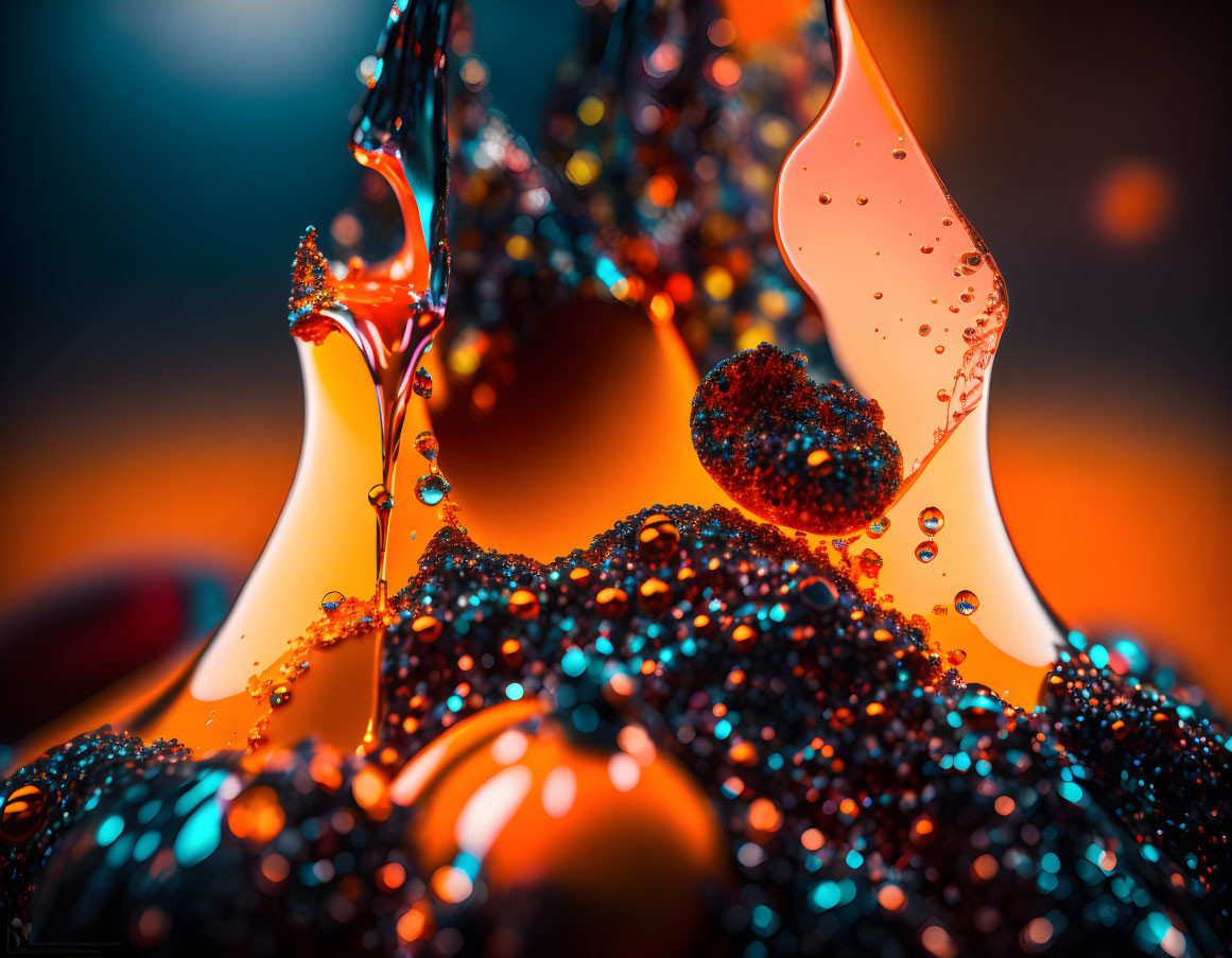 Vibrant water droplets on hydrophobic surface in orange and blue hues