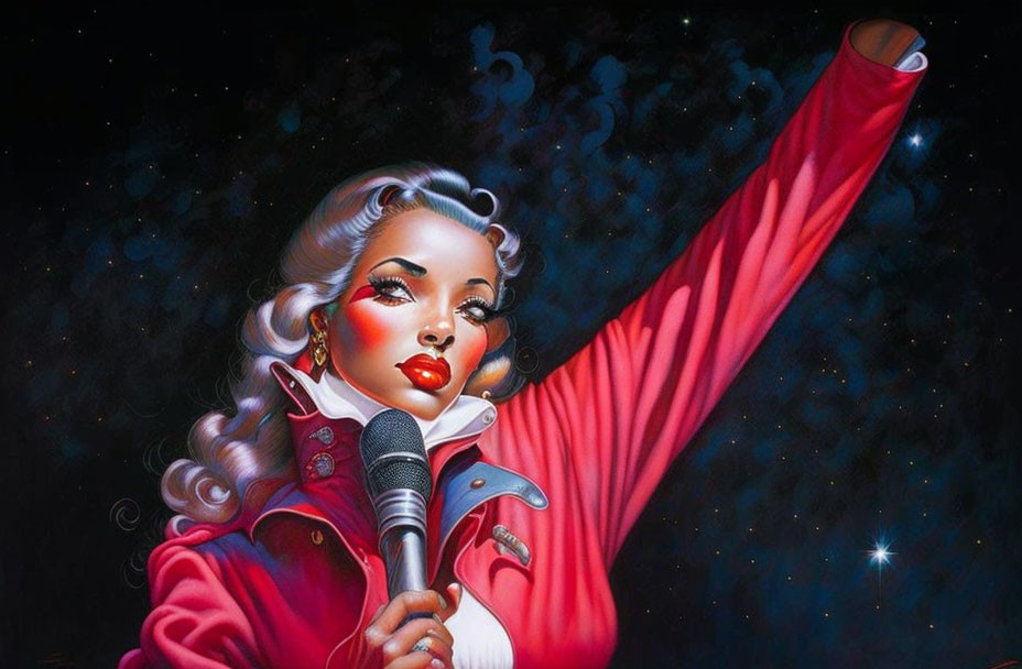 Vintage-style female singer illustration in red jacket under starry night sky