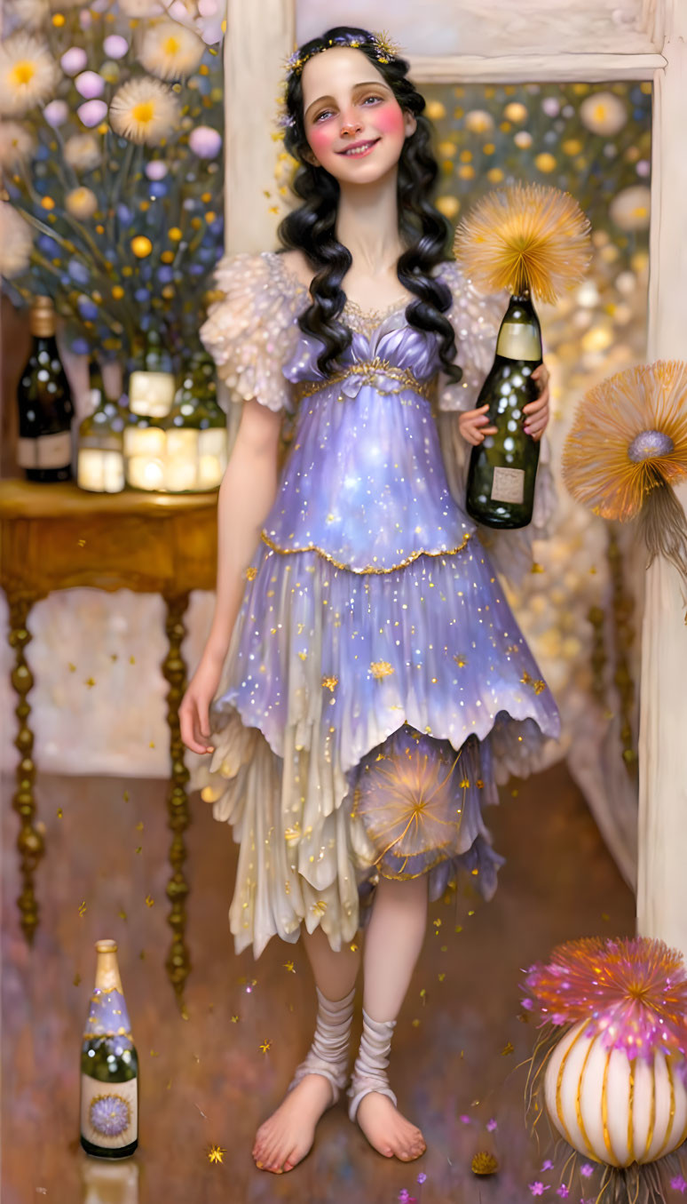 Young girl in blue dress with headband and drink, amid floral decor.