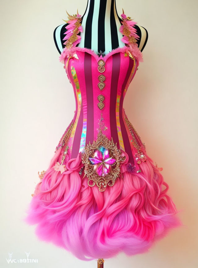 Pink and Black Striped Corset with Golden Embellishments and Feathered Shoulders