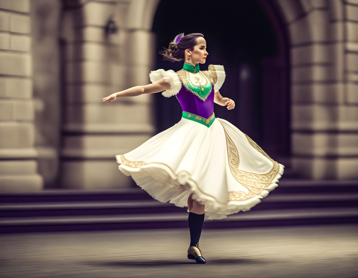 Traditional dress woman dancing gracefully in white and purple attire