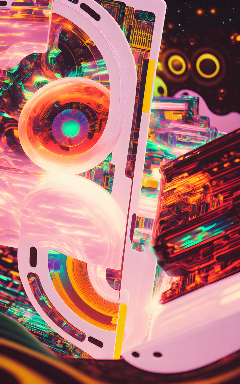 Abstract Neon Digital Artwork with Mechanical and Technological Elements