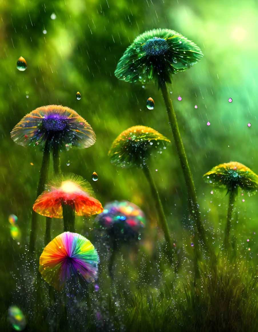 Colorful flower-like structures with dewdrops in rain on lush green background