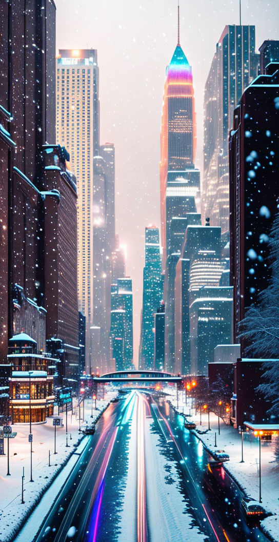 Twilight snowy cityscape with illuminated skyscrapers & vehicle light streaks