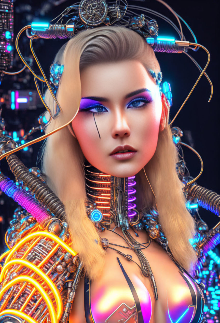 Futuristic female cyborg with intricate headgear and glowing blue eyes