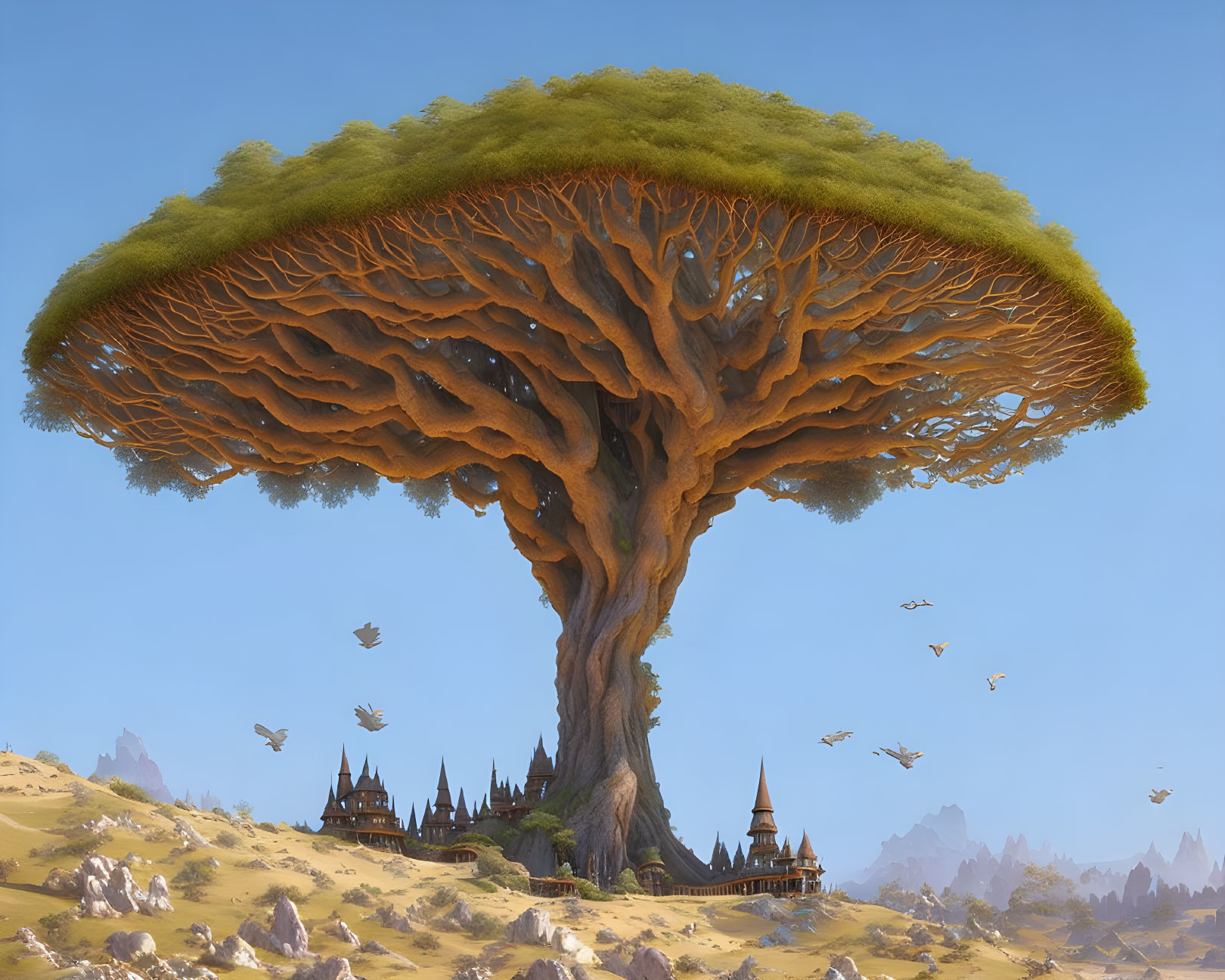 Giant tree with houses and castles in lush canopy, birds flying in clear sky