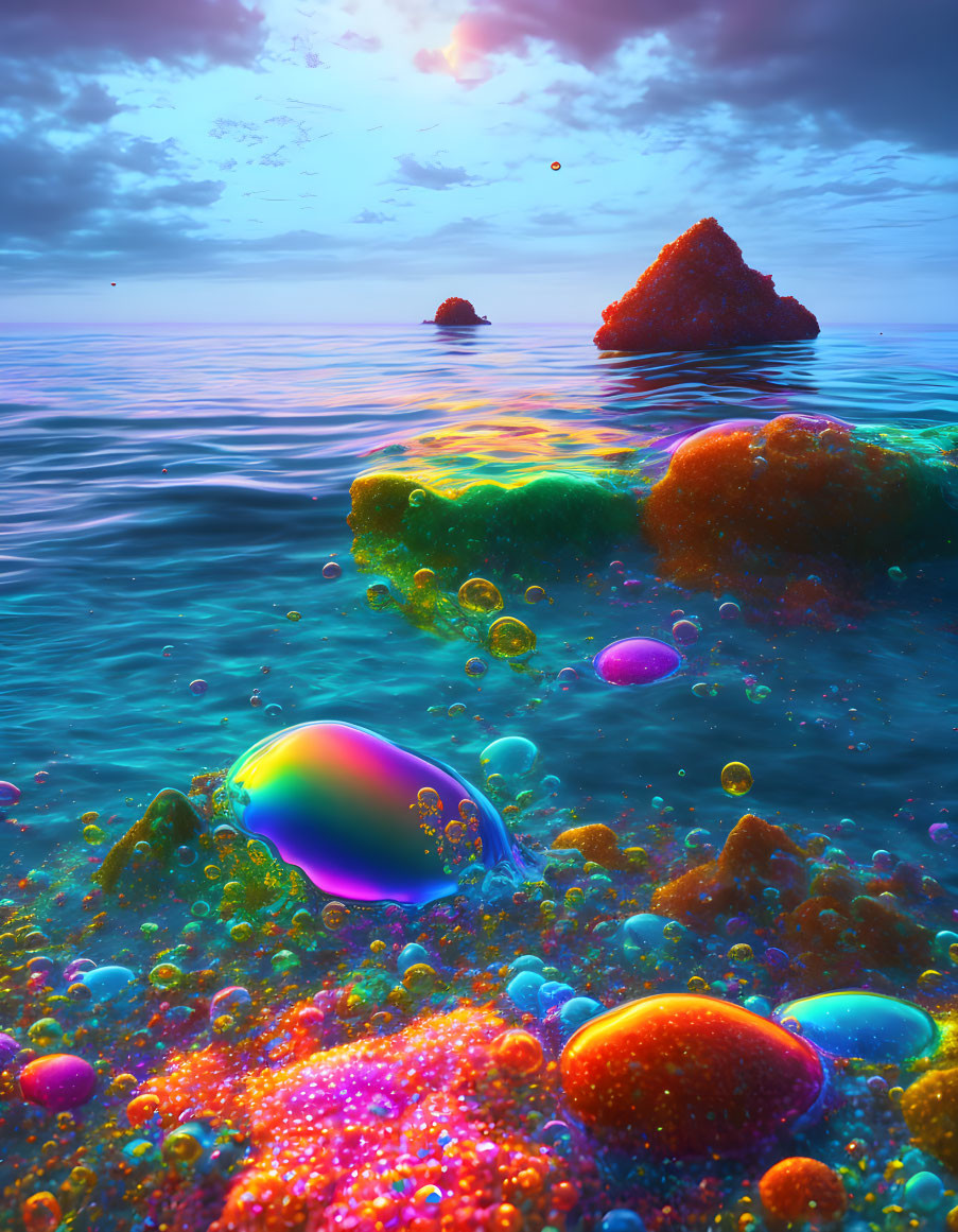 Vibrant Seascape with Colorful Bubbles and Sunset Sky