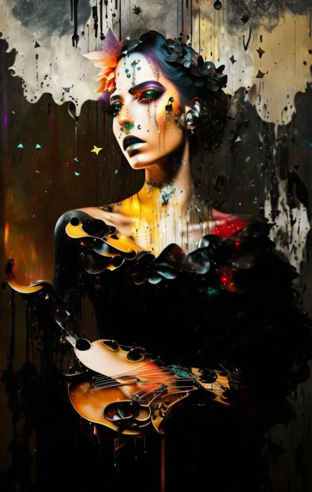 Digital Artwork: Woman's Portrait with Paint Drips, Violin, and Abstract Elements