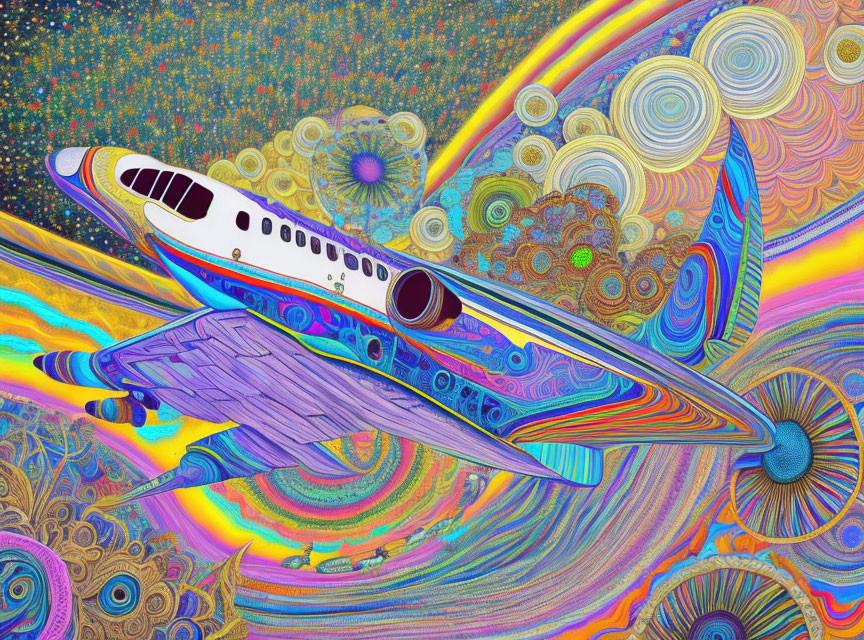 Colorful Psychedelic Airplane Art Against Abstract Cosmic Background