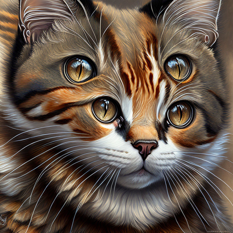 Digitally altered cat image with detailed fur patterns and multiple amber eyes.