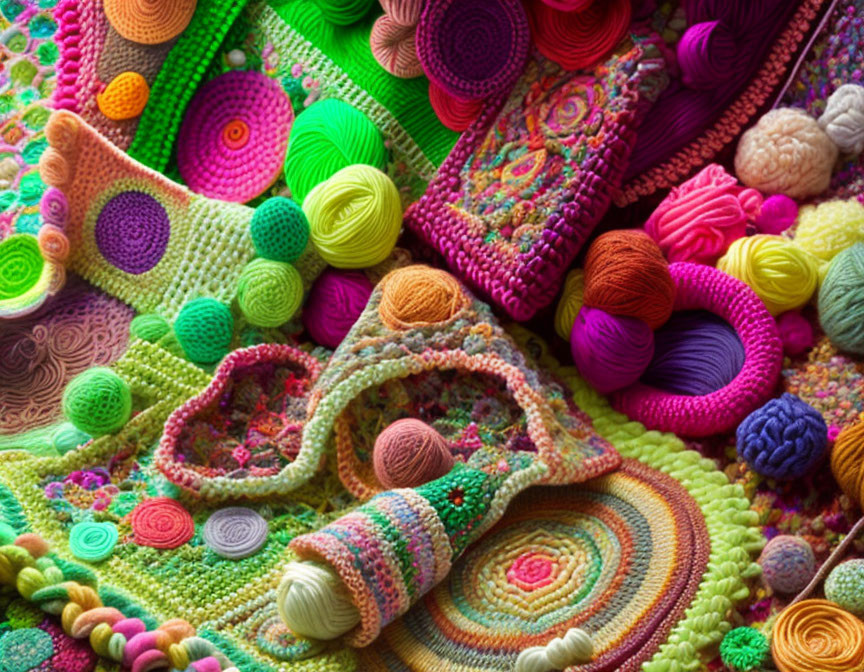 Colorful Crocheted Items and Yarn Balls Displayed in Assortment