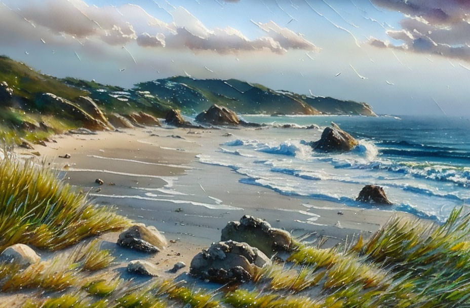 Sunlit Beach Scene with Waves and Rocky Outcrops Under Cloudy Sky