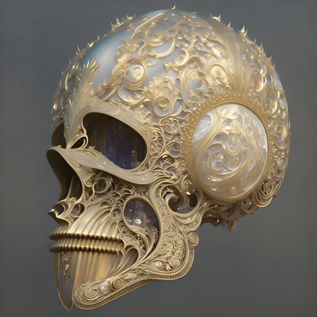 Intricate Golden Skull with Reflective Surfaces and Ornate Patterns