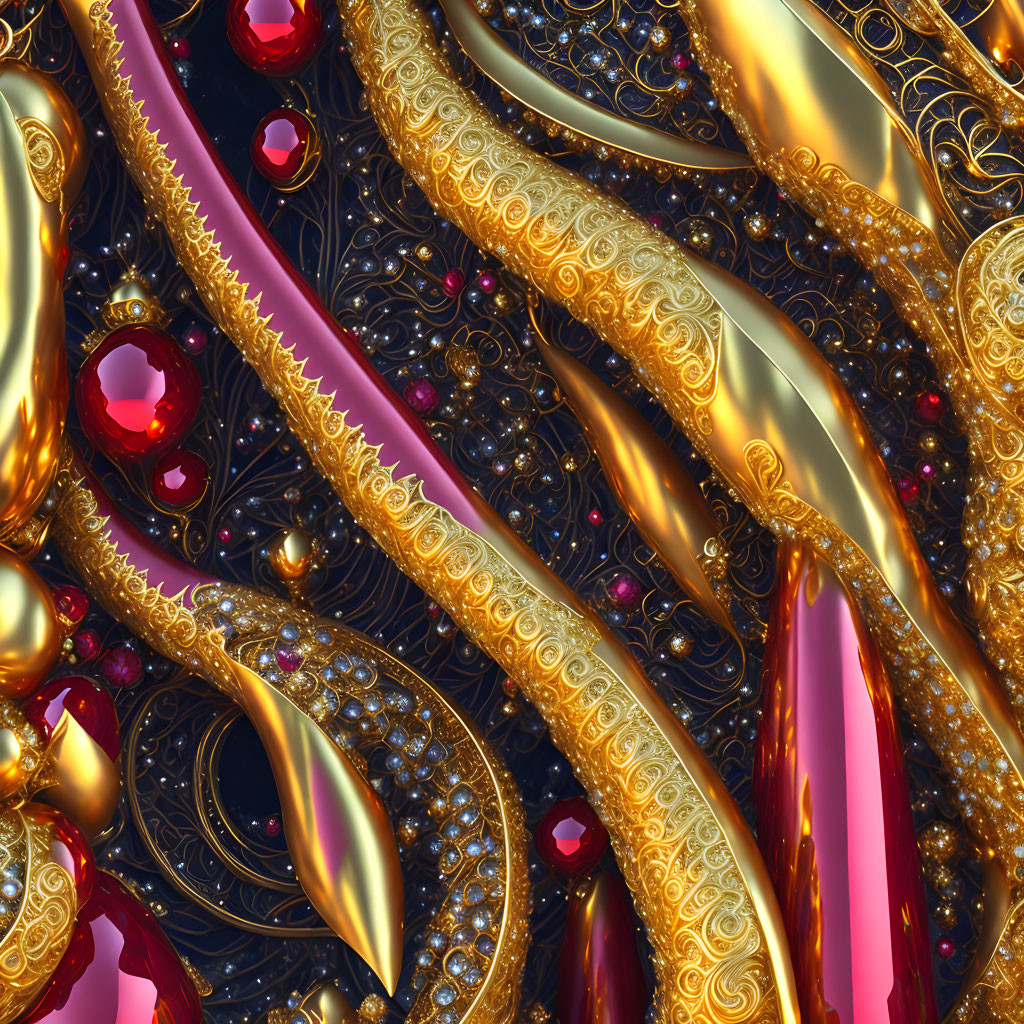 Luxurious abstract pattern with gold textures, intricate filigree, and ruby gemstones