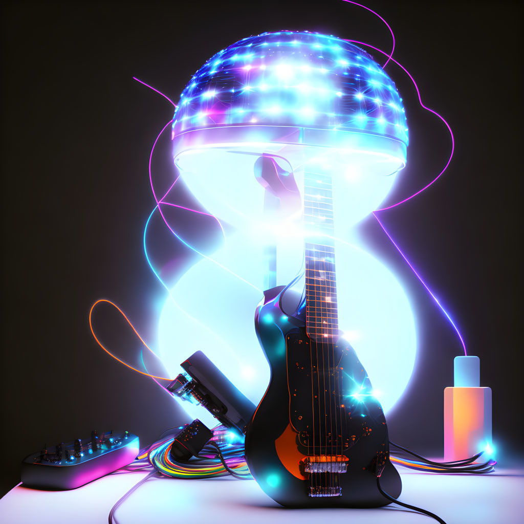 Neon-lit electric guitar on dark backdrop with swirling energy